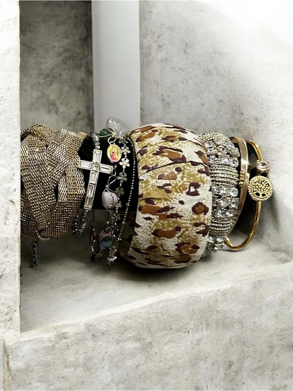 Curated Leopard Bangle & Mixed Metal Charm Bracelet Stack Lot